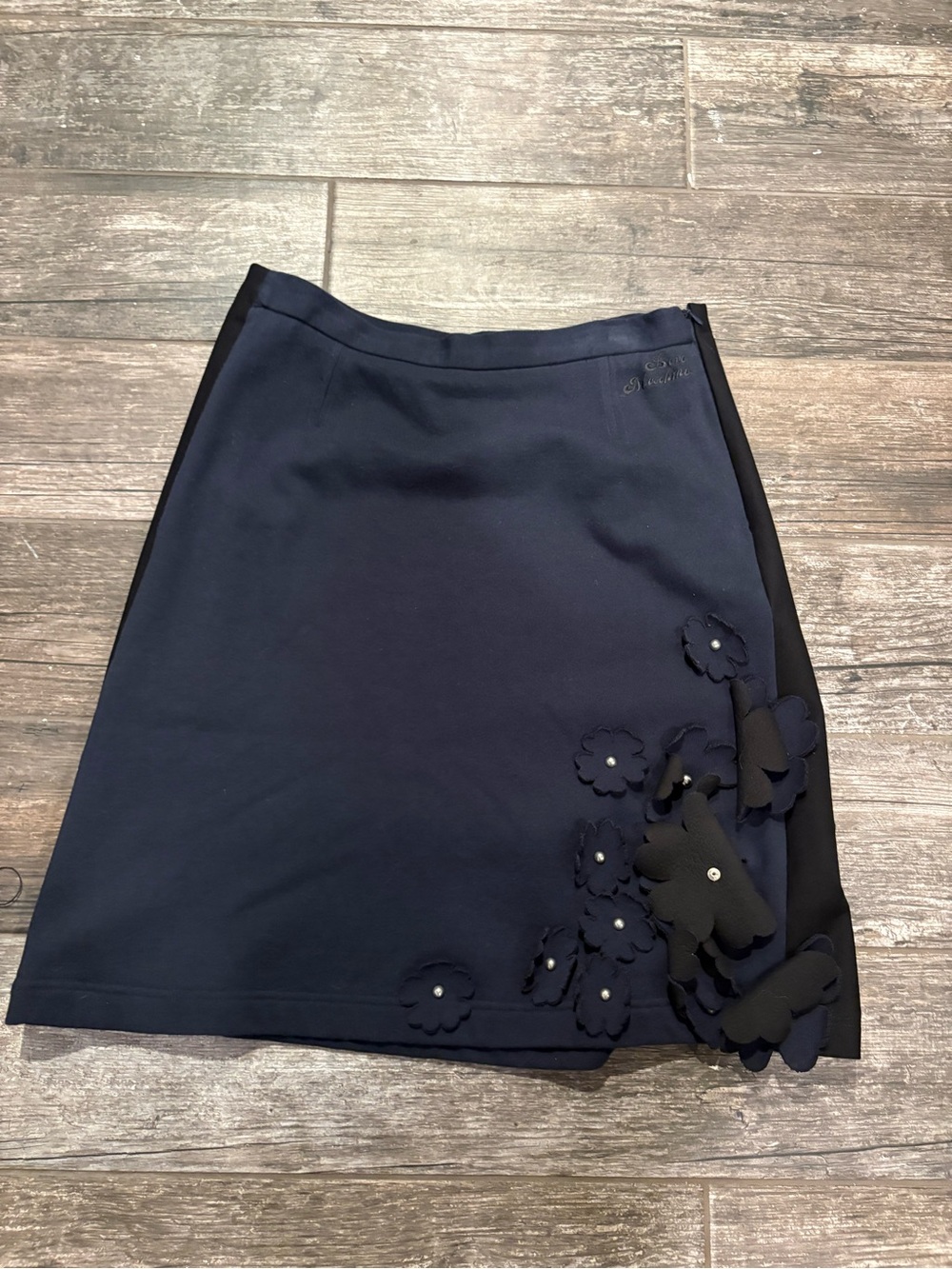 Moschino Navy & Black A-Line Mini Skirt with Floral Appliqués